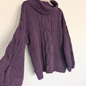 Seven7 Boxy Cable Knit Chenille Cowl Turtleneck Sweater Blackberry Wine